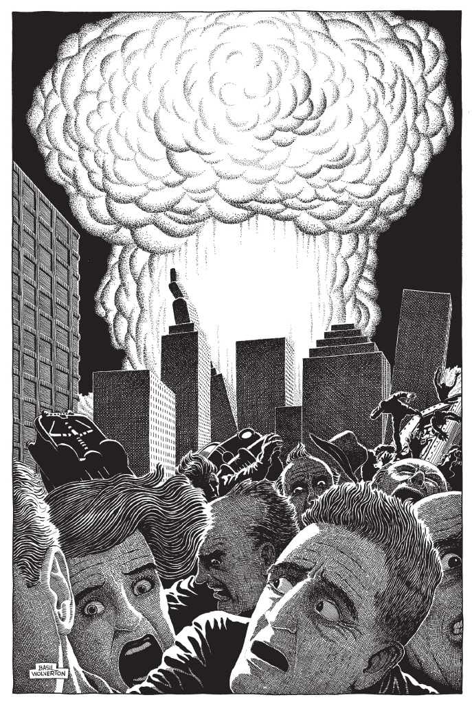 Original caption from The Plain Truth, October, 1954: "The only warning of the hydrogen and cobalt bombs will be a blinding flash. Buildings, cars, people - everything - will be abruptly vaporized! Atomic warfare will climax the present round of wars and rumors of wars (Rev. 6:3-4) and suddenly bring about the prophesied “Great Tribulation” (Rev. 6:9-11)"