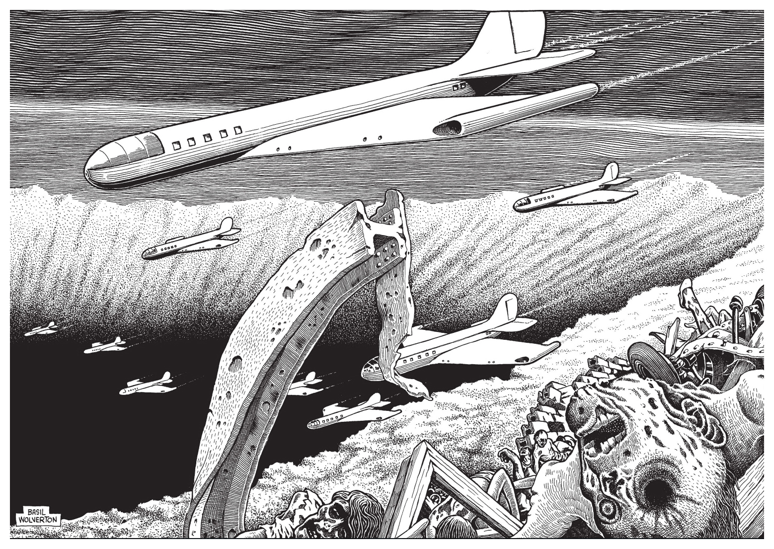 Original caption from The Plain Truth, Oct. 1954: "One mighty hydrogen bomb will suddenly turn a teeming metropolis into a vast, poisonous crater. Amid the outer wreckage, will be found tens of thousands of mutilated bodies--too far away to be vaporized, too near to live! This horrible devastation NOW BEING PLANNED is the climax of the second seal and introduces the fifth seal--The Great Tribulation (Rev. 6:3-4: 9-11)"