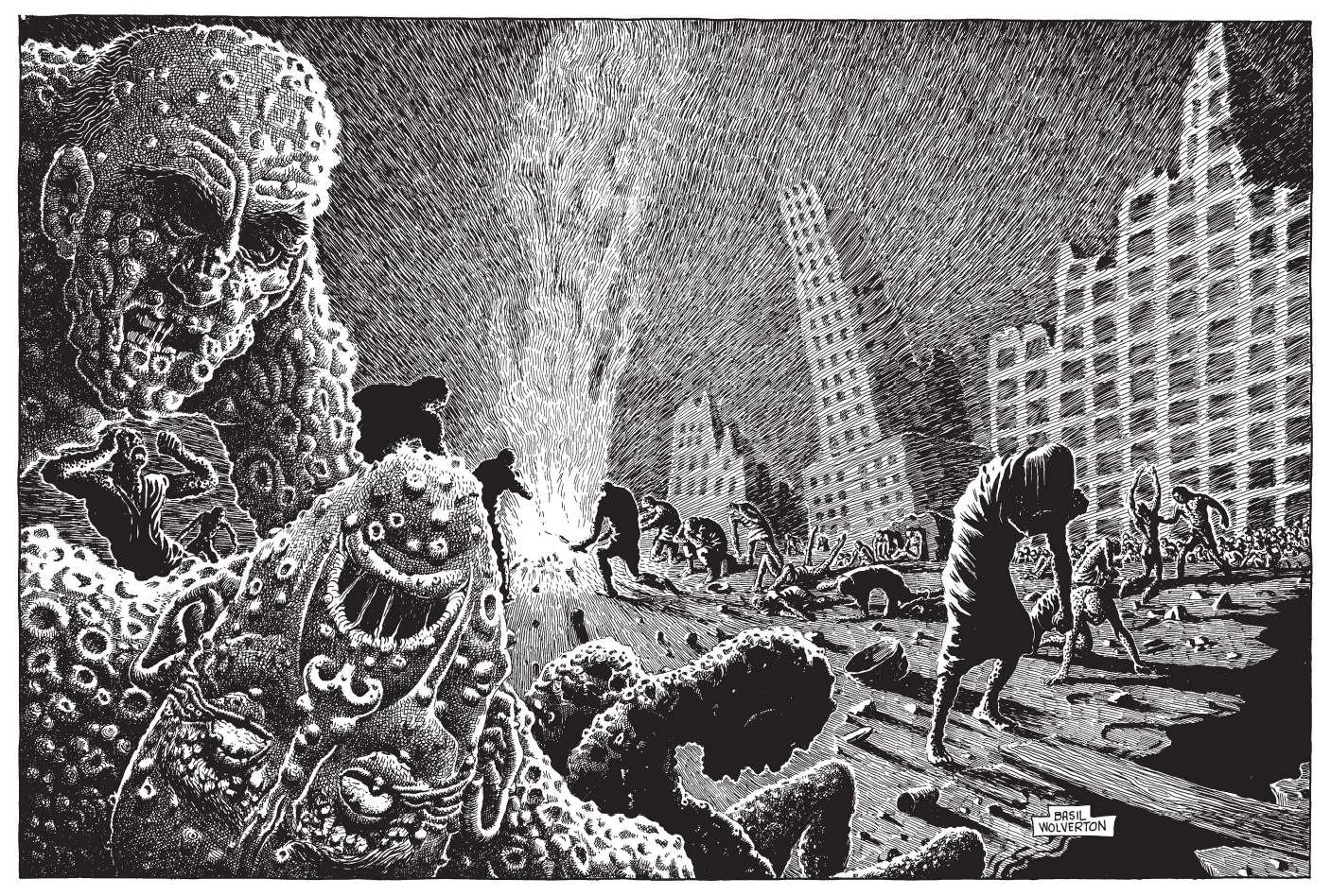 Original caption from The Plain Truth, Feb.-Mar. 1955: "Now STUDY this picture. This is the fifth of the seven last plagues (Rev 16:10,11). Study the Bible description with this picture. In the first of these last plagues foul and evil sores will come on all who have the "mark of the Beast." In blasted cities burned even more by the fire sent by God from the sky, ulcer-infested people will seek food and relief."