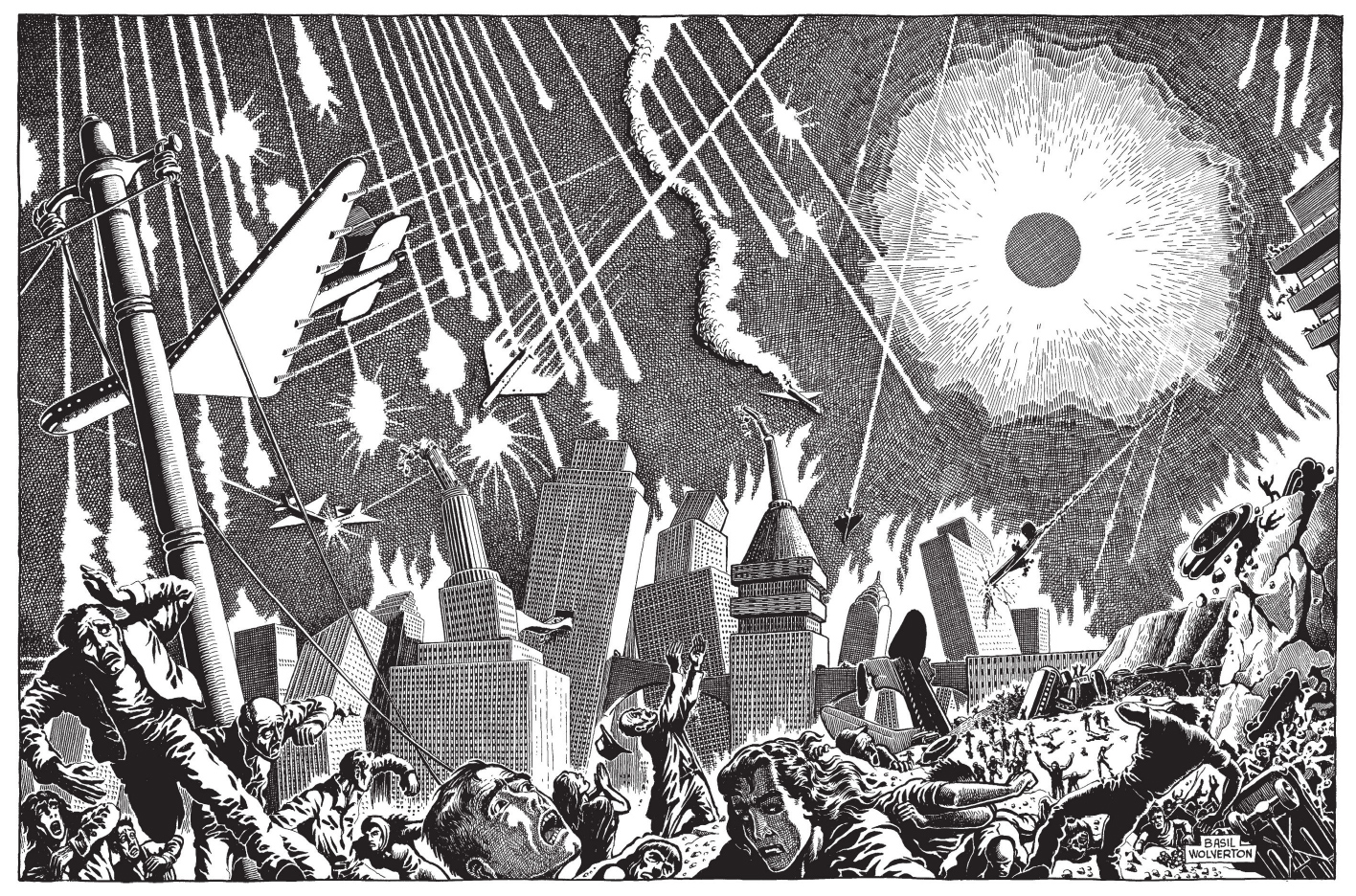 Original caption from The Plain Truth, Nov.-Dec. 1954: " "And I beheld...the sixth seal, and lo, there was a GREAT EARTHQUAKE...and the stars of heaven fell unto the earth." This comes on the heels of World War III as God "shortens" those days to prevent the annihilation of humand life by the mass-destruction of man by man."