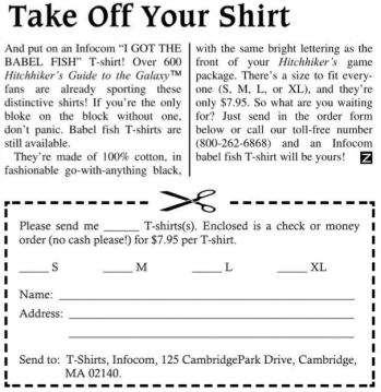 babel fish t-shirt ad infocom new zork times fall 1985